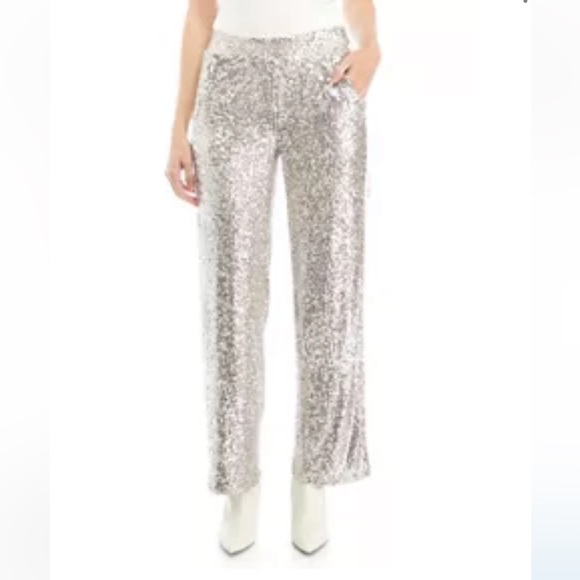 Silver Sequin Wide leg Trouser with Pockets in Medium elastic waist - Picture 1 of 6
